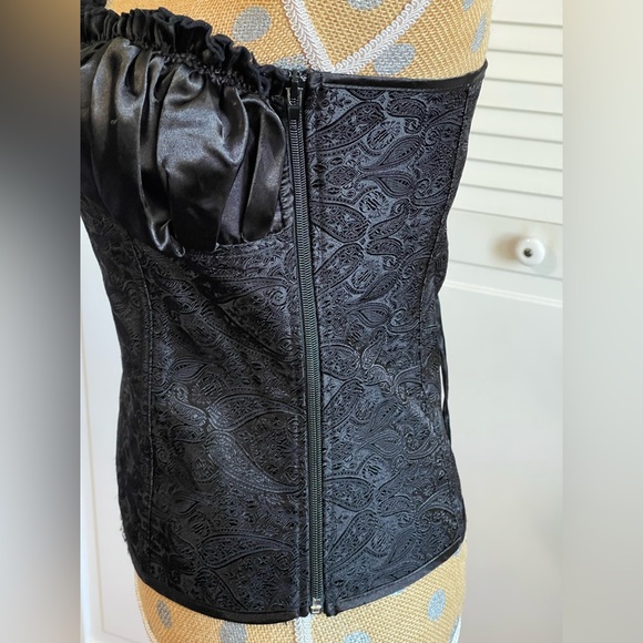 Black ruffle side zip Corset Sz L brocade fabric goth Halloween - Picture 4 of 10